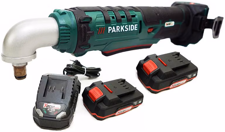 Avvitatore angolare a percussione a batteria PARKSIDE® 20 V PAWS 20-Li / con 2 batterie (2 Ah) e caricabatterie (2,4 A) + metro pieghevole HEADNMORE®, matita da carpentiere e ciondolo