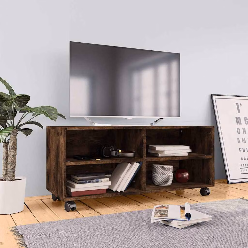 Mobile TV con ruote vidaXL in legno multistrato color rovere fumo, L 90 cm x P 35 cm x H 35 cm