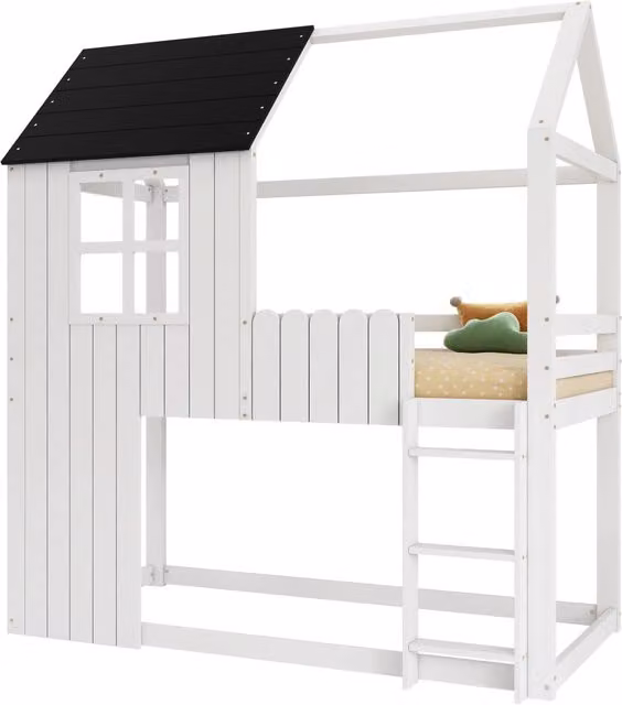 Letto alto per bambini 90x200 cm a forma di casetta con finestre; scala a 3 gradini e protezione completa bianco/nero