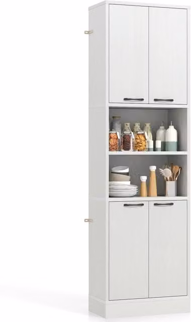 Mobile Dispensa Cucina Alto 75 Pollici con 4 Ante e Ripiani, Armadio Multiuso Salvaspazio in Rovere Bianco per Casa