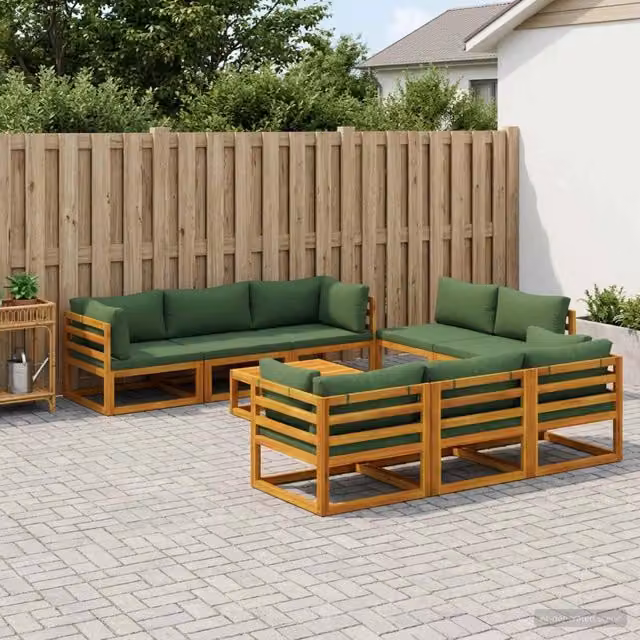 Set Salotto da Giardino Componibile vidaXL in Legno di Acacia con Cuscini, 9 Pezzi, Marrone e Verde