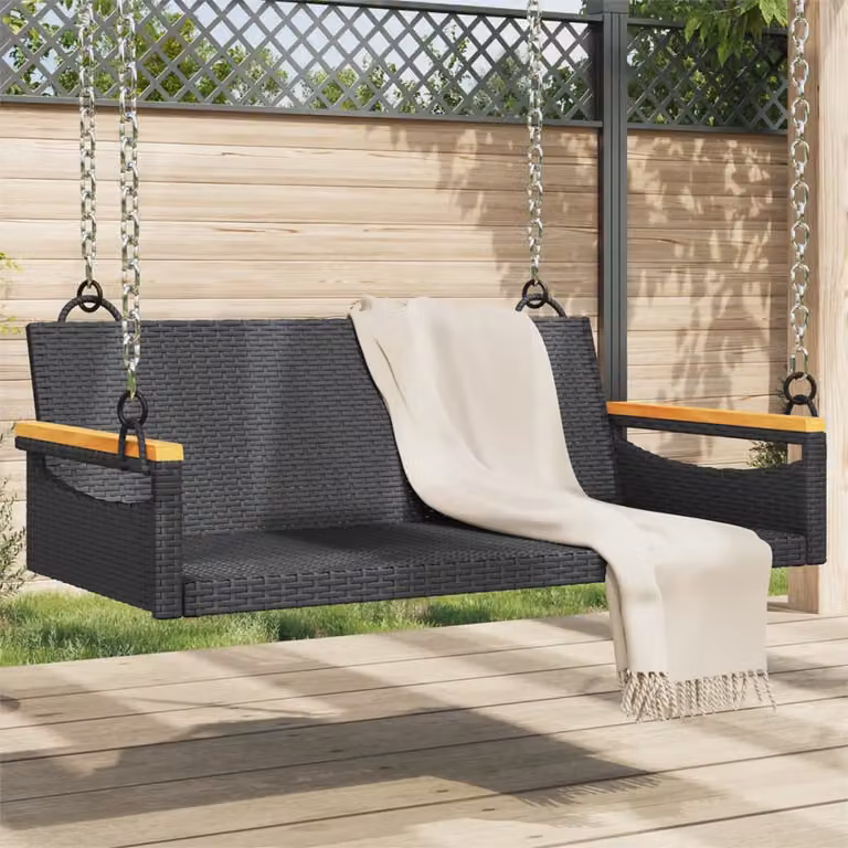 Panchina dondolo vidaXL in polyrattan nera con struttura in legno di acacia e metallo, L: 109 cm, P: 62 cm, H: 40 cm