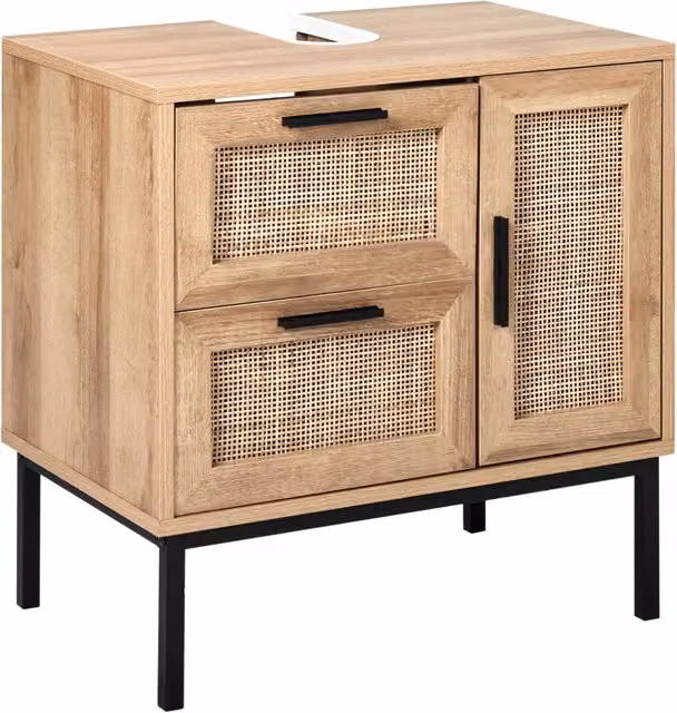 Mobiletto da bagno sospeso BELIANI in legno e rattan beige con ante soft-close e design Boho L: 60 cm, P: 40 cm, H: 60 cm