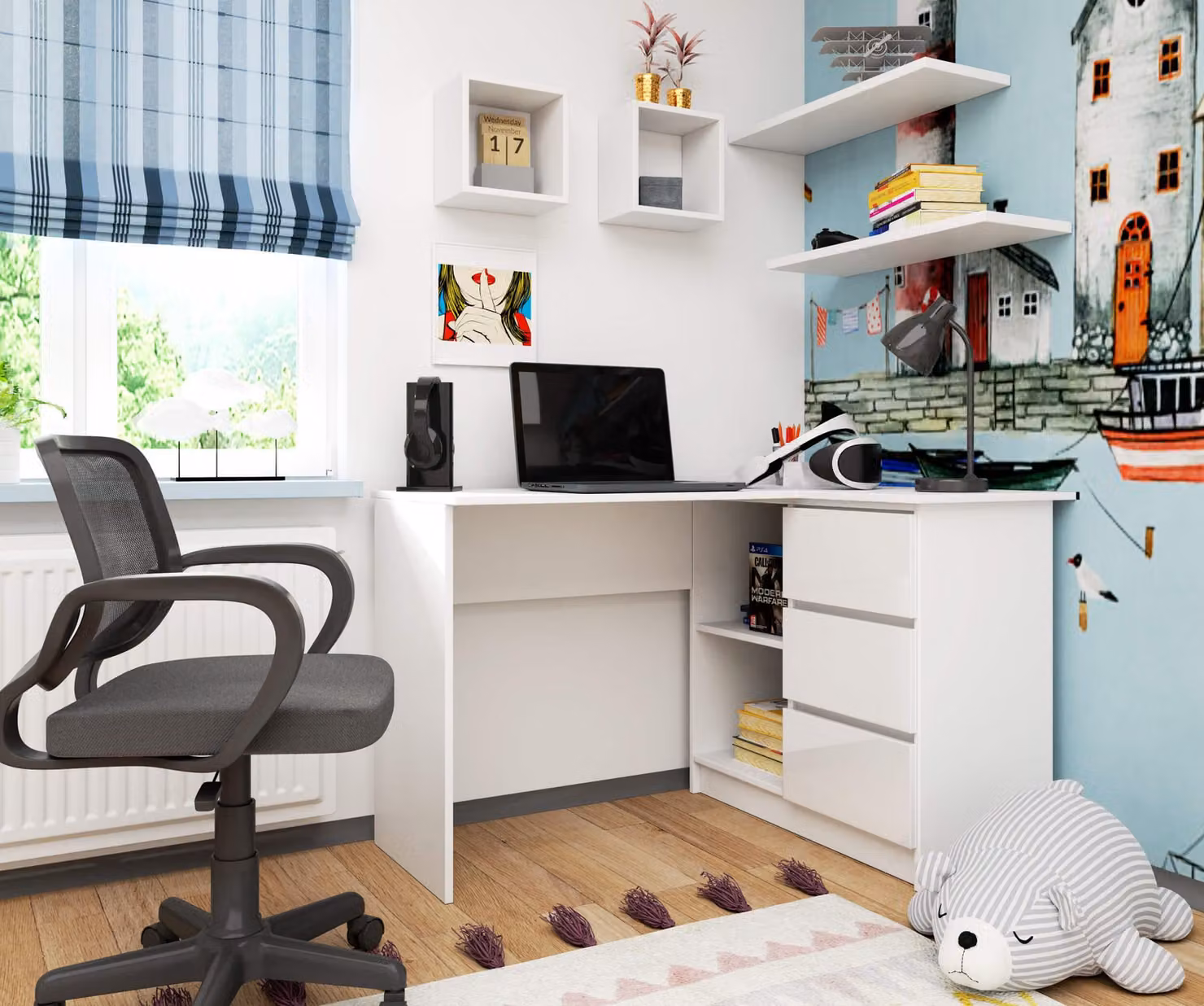 Scrivania angolare da 124 cm con 3 cassetti, scrivania per computer a forma di L, mobile angolare a 2 scomparti