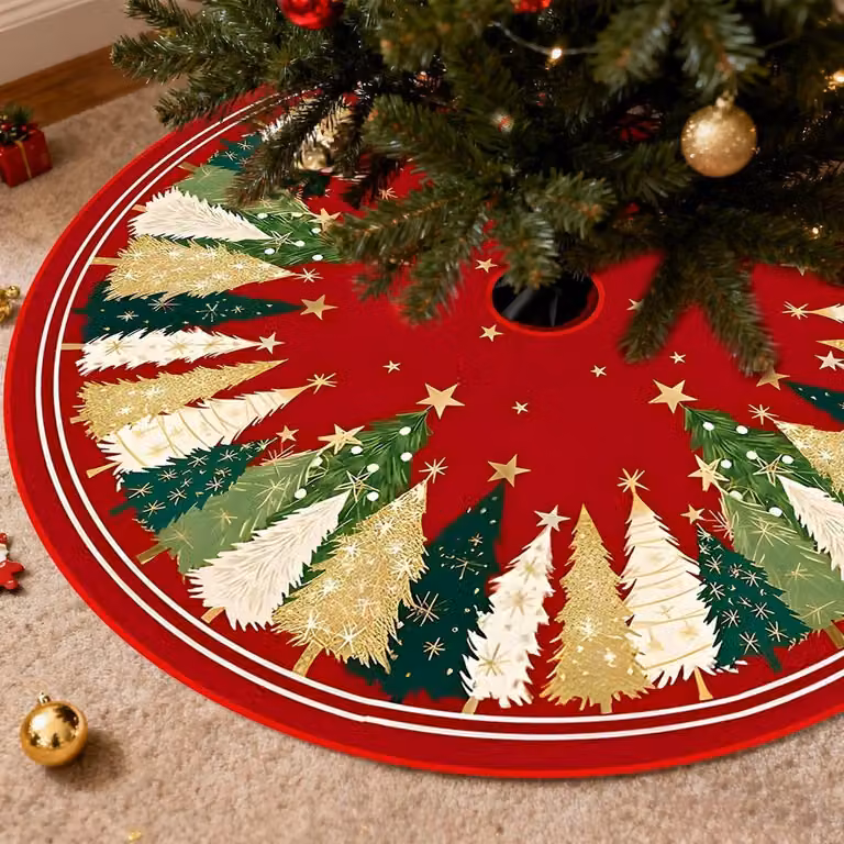 Copri albero di Natale rotondo, diametro 120 cm, con motivo a stelle, colore rosso