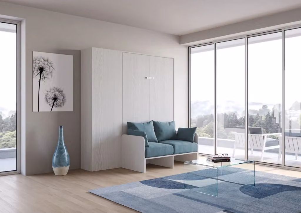 Letto a scomparsa una piazza e mezzo Kentaro con divano e colonna Giordanoshop Bianco Frassino e Azzurro – 2