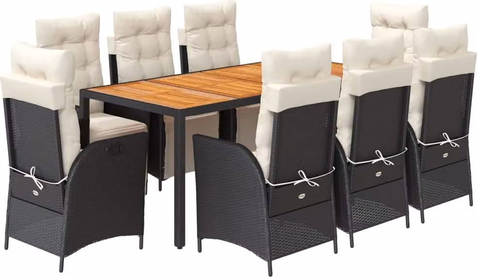 Set da Pranzo da Giardino 9 pz con Cuscini Nero in Polyrattan