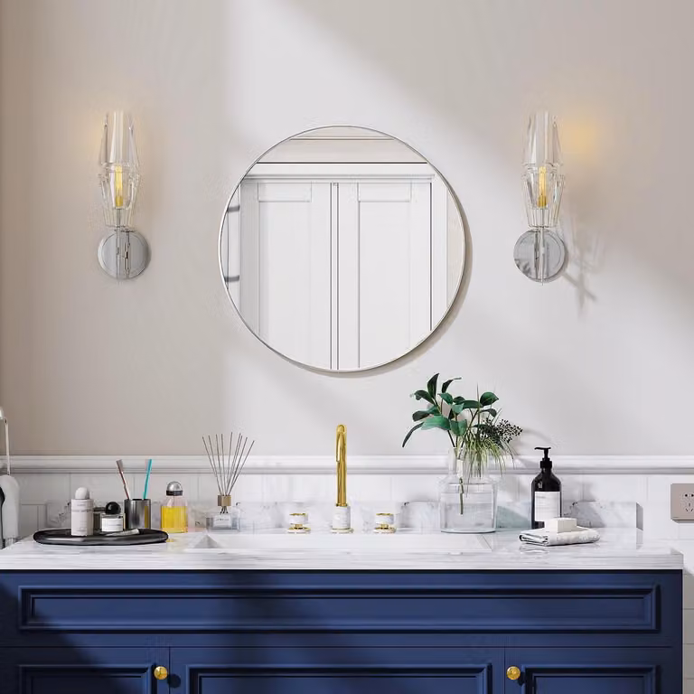 Specchio da parete rotondo, diametro 50 cm, cornice in metallo argentata, ideale per il bagno o come specchio da trucco