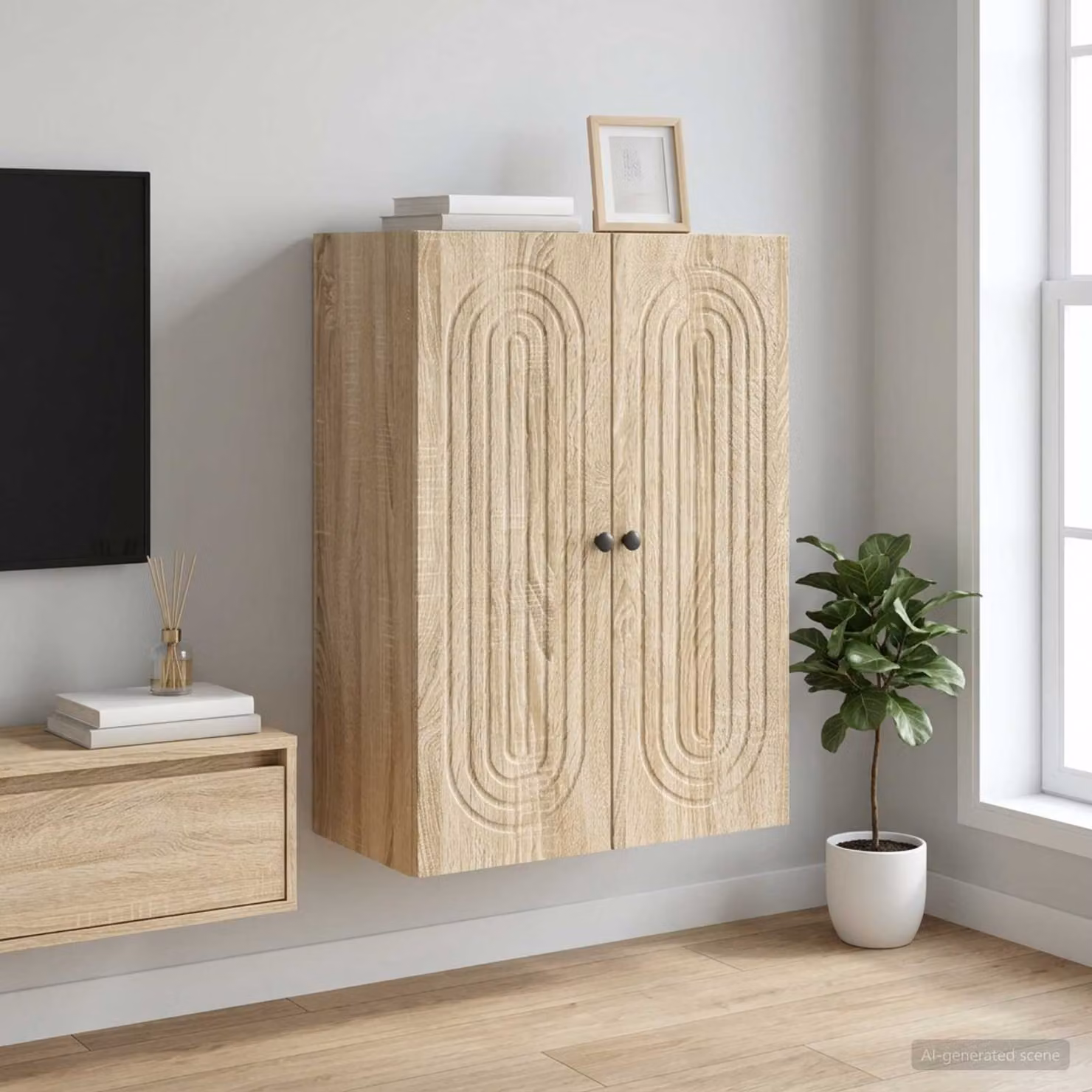 Mobiletto a muro moderno vidaXL in rovere color marrone con ante a battente e ripiani interni, L: 66 cm, P: 34,5 cm, H: 90 cm