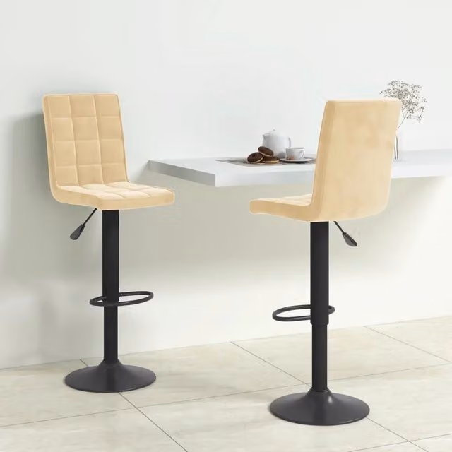 Set di 2 sgabelli da bar vidaXL in velluto beige con base girevole a 360 gradi e struttura in metallo nero opaco