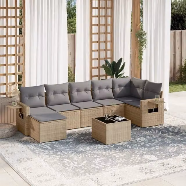 vidaXL Set Divano da Giardino 8 pz in Polyrattan con Cuscini Beige e Grigio e Tavolino da Esterno