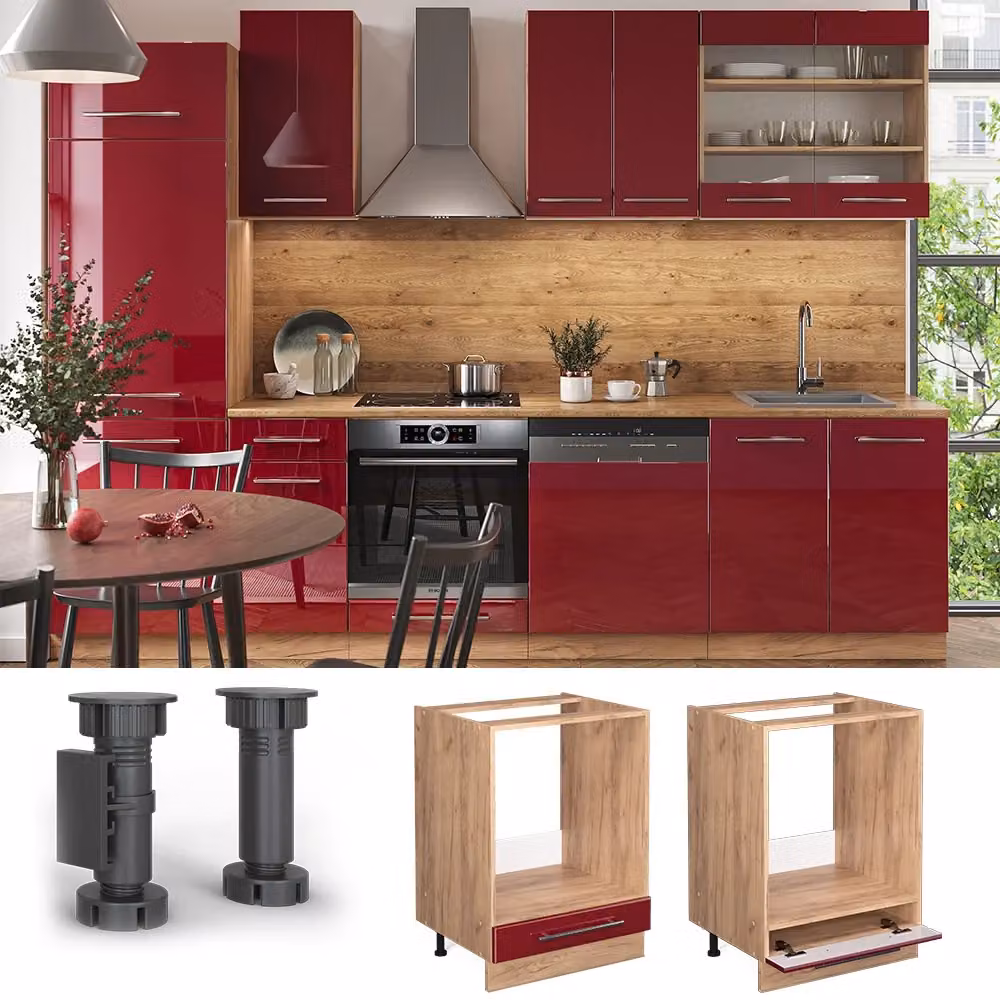 Mobile per forno da incasso Vicco Fame-Line Bordeaux lucido e Rovere dorato L: 60 cm, H: 82 cm, P: 22,4 cm – 2