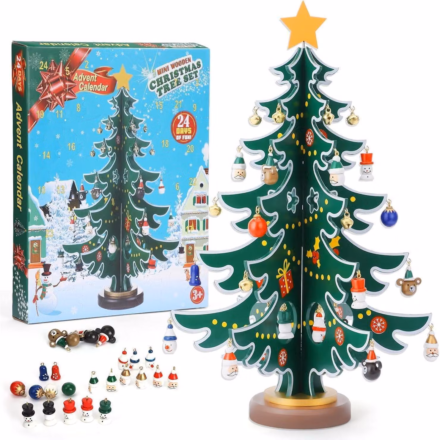 Calendario dell'Avvento 2026 con albero di Natale da tavolo in legno e 36 palline