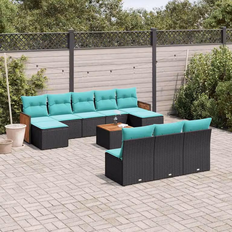 Set di divani da giardino vidaXL 11 pezzi in polyrattan nero con cuscini in legno di acacia oliato