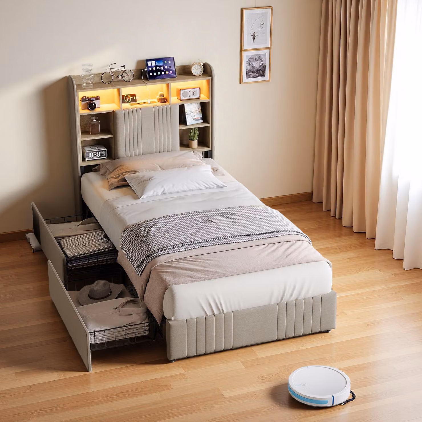 Letto imbottito ProximaX 90x200 cm con USB e Type-C, letto con rete a doghe e 2 cassetti, letto singolo con LED, letto per ragazzi con contenitore, rivestimento in lino, grigio