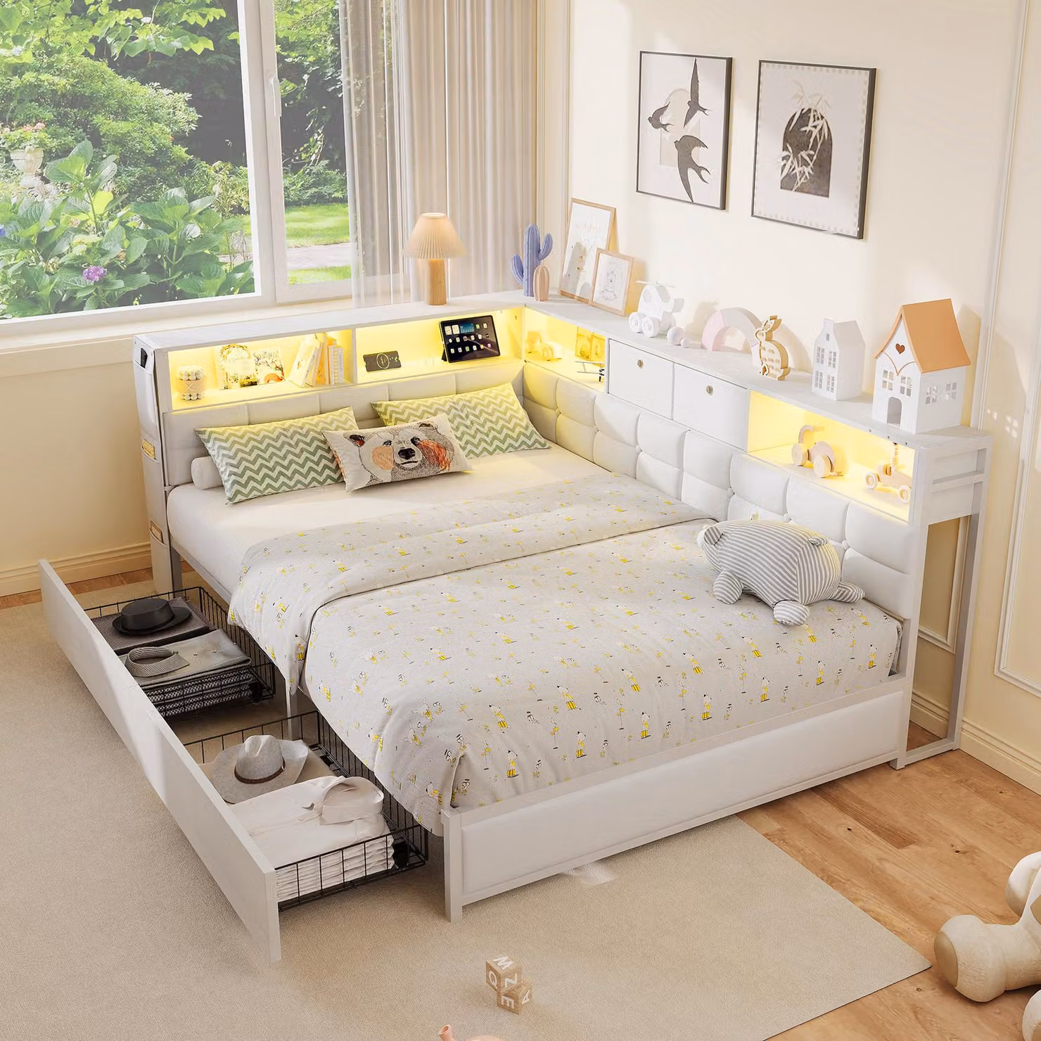 Letto imbottito UnboxG, 140x200 cm, bianco, letto matrimoniale con 2 cassetti, illuminazione LED RGB, porte USB e Type-C, testiera reversibile (montabile a sinistra o a destra)