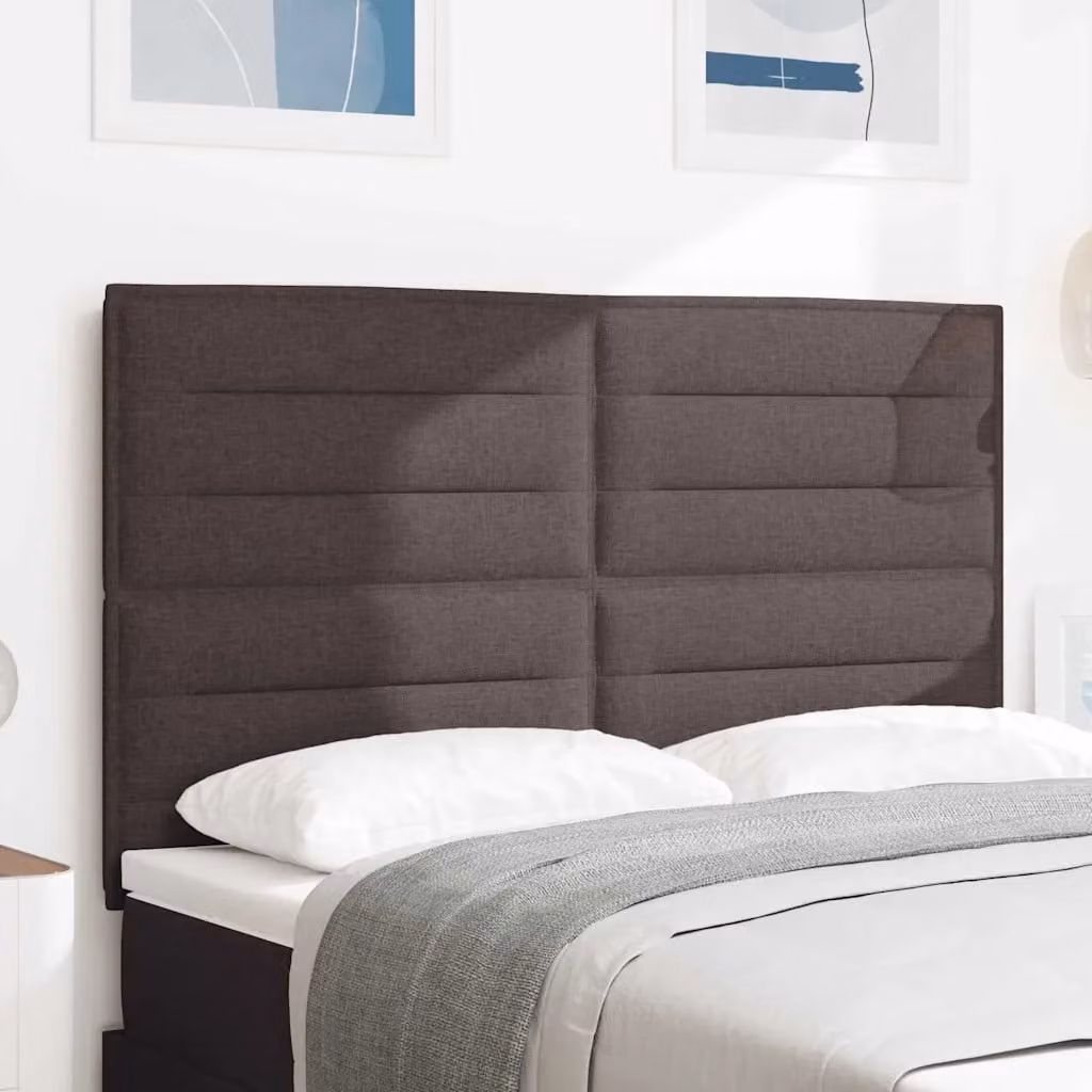 Testiera per letto moderna vidaXL in tessuto marrone con struttura in legno di pino, L: 144 cm, H: 76 cm, P: 8,2 cm