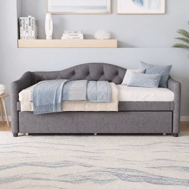 Letto singolo 90x200 cm con letto estraibile in lino grigio HAVRYA