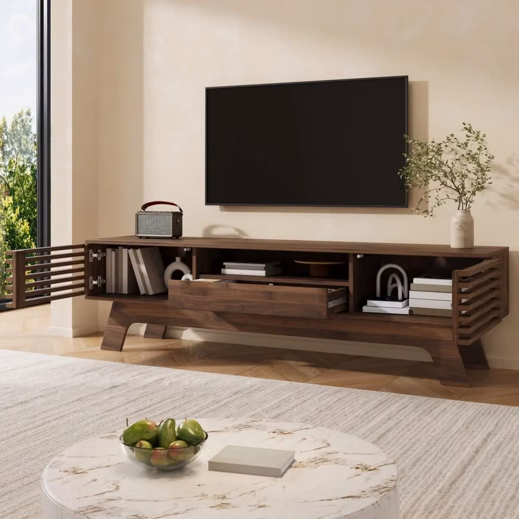 Mobile TV Mivray moderno in MDF color noce con ante a lamelle, cassetto e vano passacavi per soggiorno L: 150 cm, P: 35 cm, H: 44 cm – 2