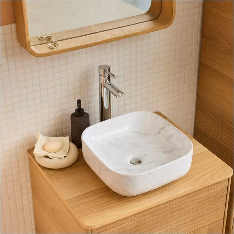 Lavabo da appoggio quadrato DIANE da 37 cm in Vetroceramica effetto marmo bianco