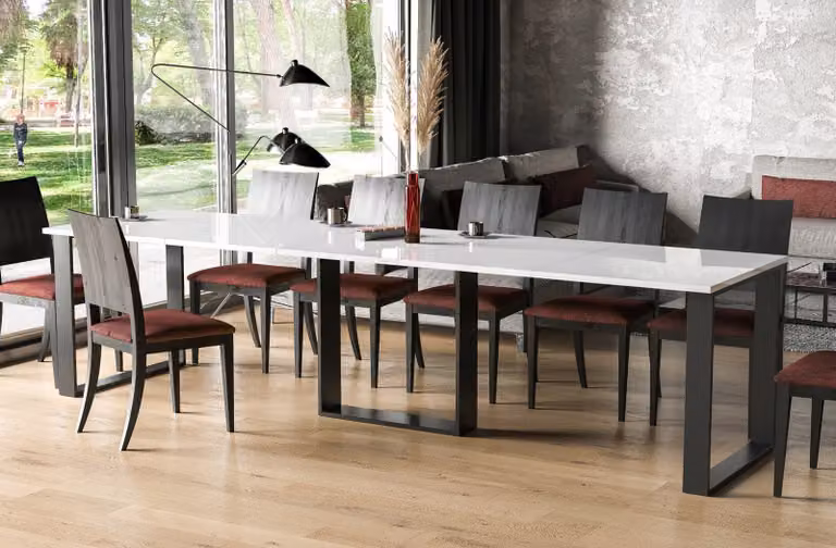 Tavolo da pranzo Endo-Möbel Borys allungabile fino a 130cm - 310cm tavolo da pranzo in metallo con base a slitta (bianco lucido)