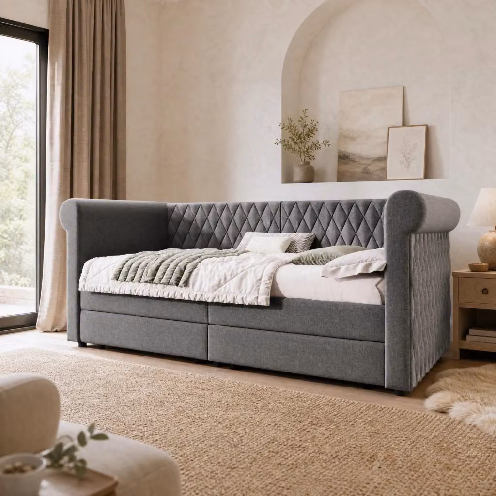 Letto singolo trasformabile in divano con 2 cassetti e testiera imbottita, colore grigio, L/P/H: 200 x 90 x 72 cm – 2