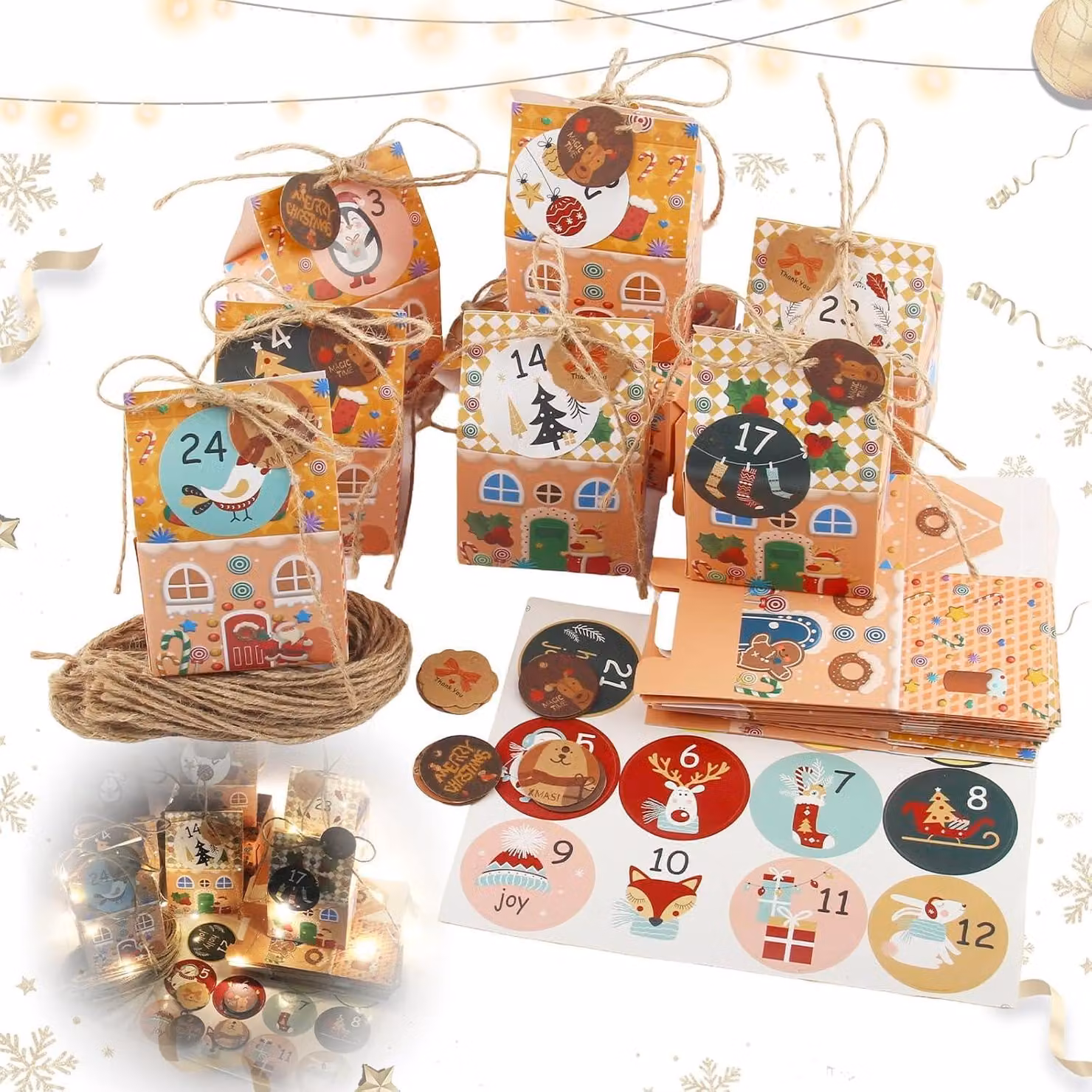 Calendario dell'Avvento da 24 pezzi, sacchetto regalo con motivi natalizi, completo di etichette e adesivi