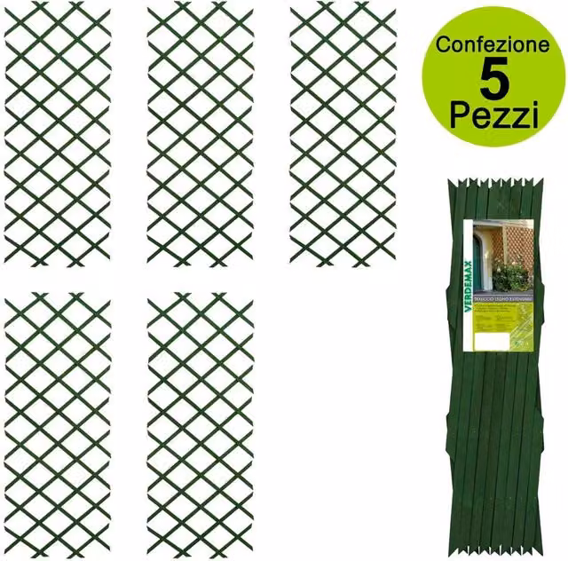 Multipack da 5 pezzi di tralicci estensibili Verdemax in legno di pino duro colore verde, L: 120 cm, H: 180 cm