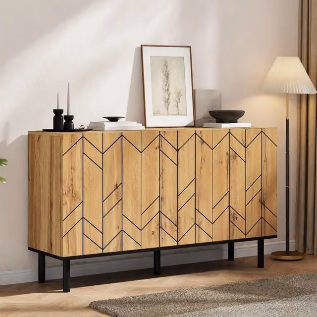Sideboard moderno 120x35x70 cm, 3 ante con serratura, motivo ondulato, truciolare robusto con gambe in metallo, carico max 50 kg, colore legno naturale
