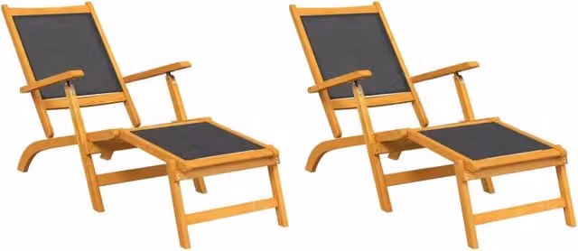 Set di 2 lettini prendisole da esterno Outsunny in legno di acacia oliato e textilene nero e marrone con poggiatesta regolabile e braccioli