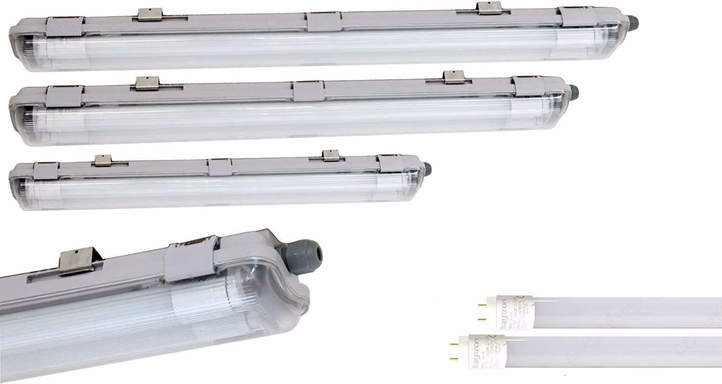 Apparecchio a prova di umidità IP65, apparecchio con diffusore a 1 fiamma, 1x tubo LED 18W 120cm T8 1750lm bianco neutro (4200K), plastica, grigio, 127,6 x 6,8 x 5,8 cm, per garage, cantina, officina, applicazioni esterne