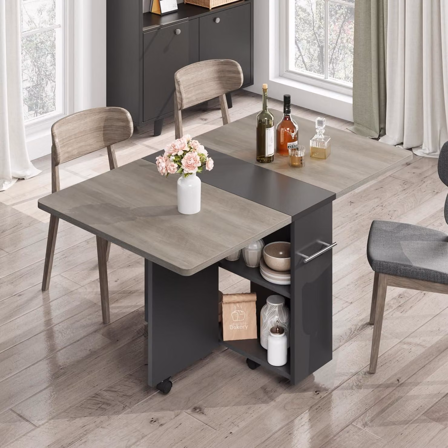 Tavolo pieghevole con ripiani e ruote, dimensioni 120x60x75 cm, colore grigio