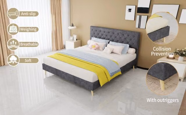 Letto imbottito minimalista 160×200 cm in velluto con testiera rivettata e base bassa, grigio, senza materasso