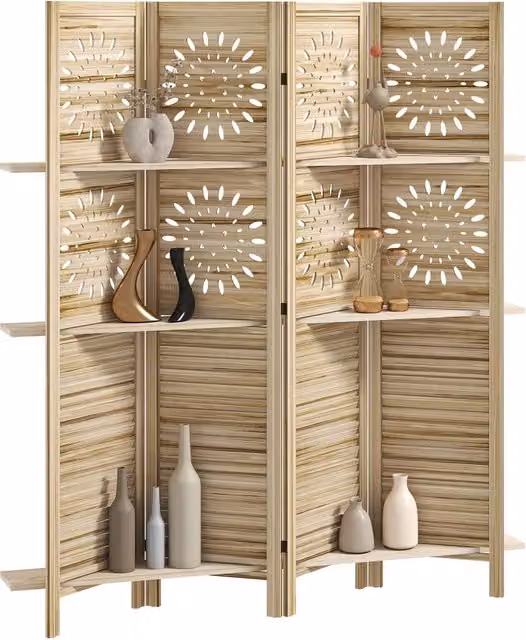 Paravento Minimal con 4 pannelli e 3 ripiani in legno naturale beige e marrone H: 170 cm, L: 160 cm