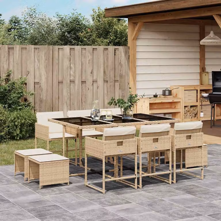 vidaXL Set da Pranzo da Giardino 11 pz in Polyrattan con Cuscini Beige e Piano in Vetro