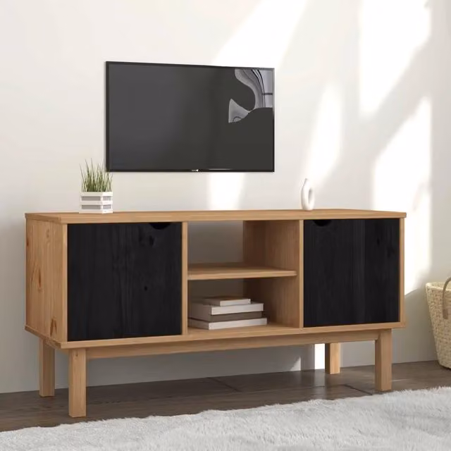 Mobile TV OTTA in legno massello di pino nero, stile scandinavo, L: 113,5 cm, P: 43 cm, H: 57 cm