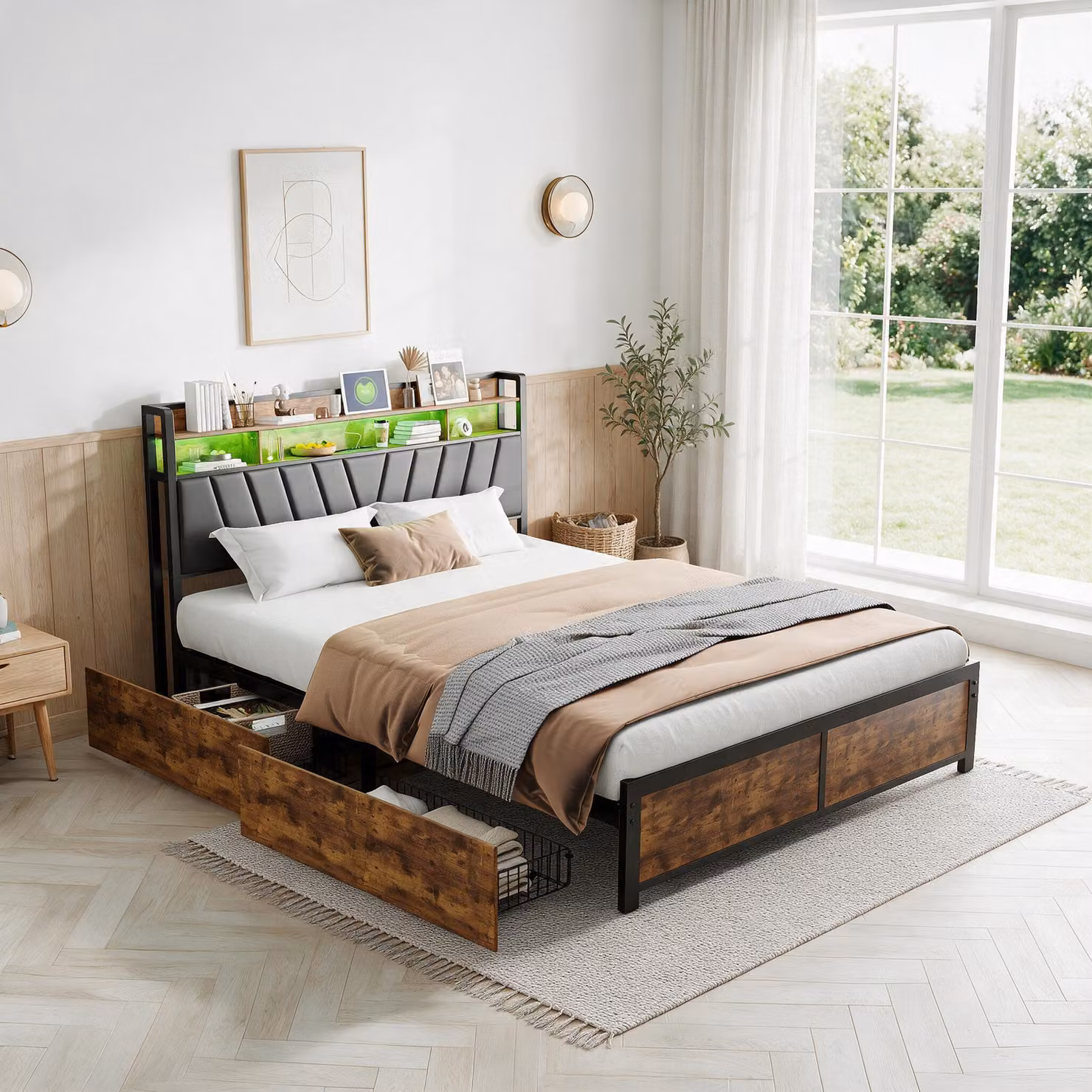 Letto imbottito INONEFT 160x200 con illuminazione LED e funzione di ricarica USB, struttura in metallo con testiera e spazio contenitivo, 4 cassetti, rivestito in PU, colore nero, senza materasso