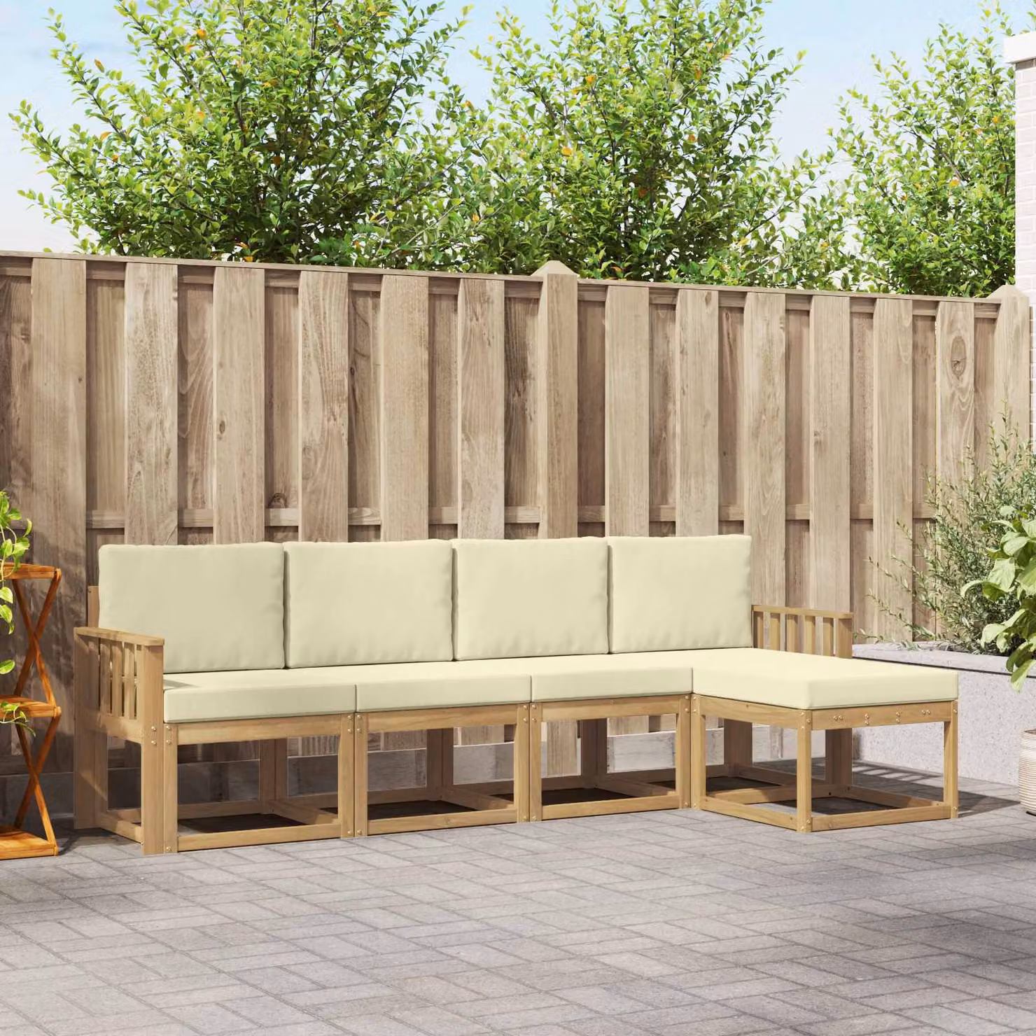vidaXL Set di divani da esterno a L in legno di acacia con pouf, Bianco e Beige