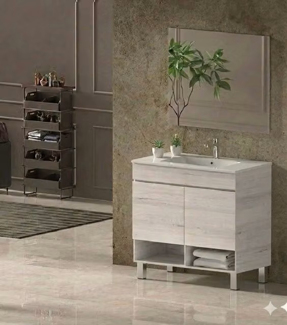Mobile Bagno NEBARI com gambe Già Montato 2 portas, lavabo e specchio Bianco nordico 90x45 cm