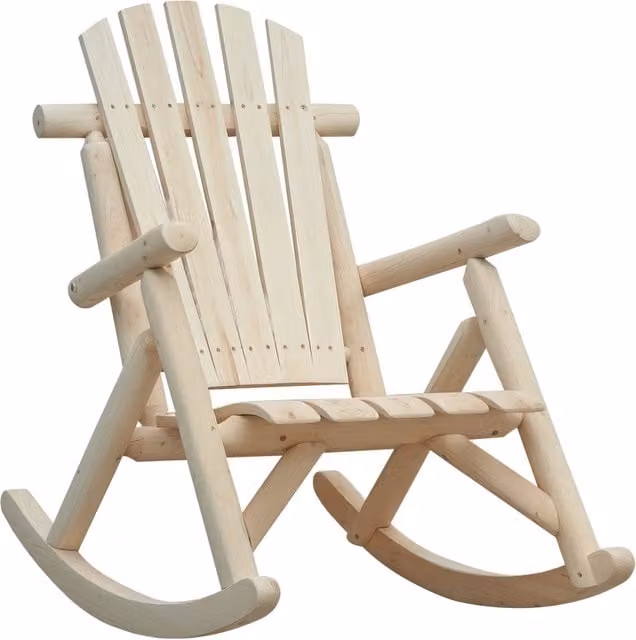 Poltrona a dondolo in legno di abete XYLO con schienale alto per giardino e soggiorno, marrone e beige