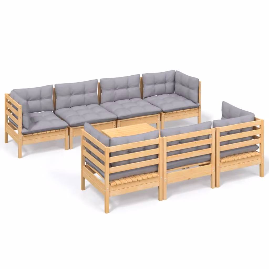 Set Divani da Giardino 8 pz con Cuscini Grigi Massello di Pino