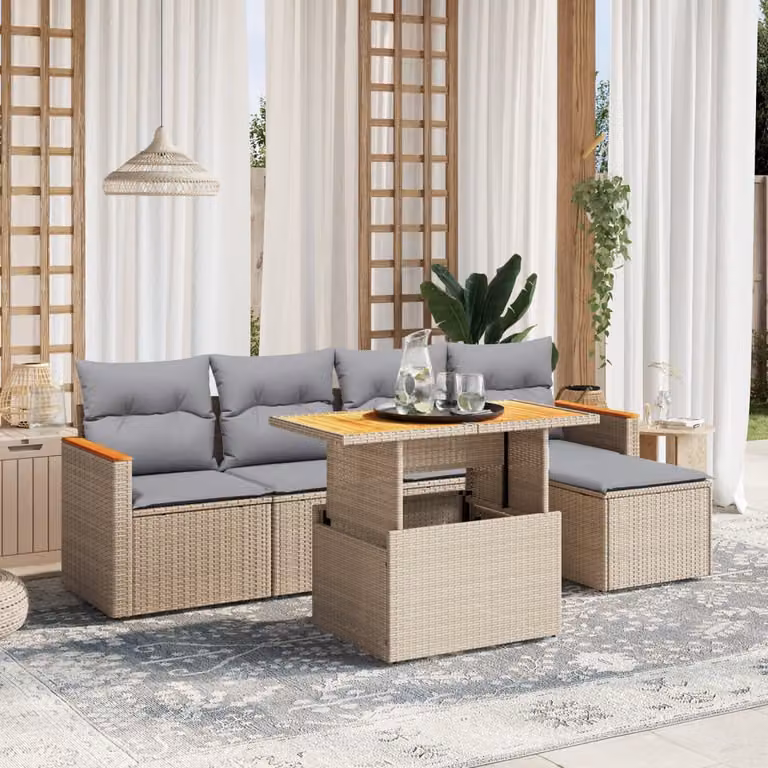vidaXL Set Divano da Giardino a L 6 pz in Polyrattan con Cuscini Beige e Tavolino da Caffè