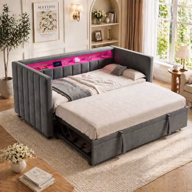 Divano letto in velluto con letto estraibile e USB-C, 90x190 cm, grigio