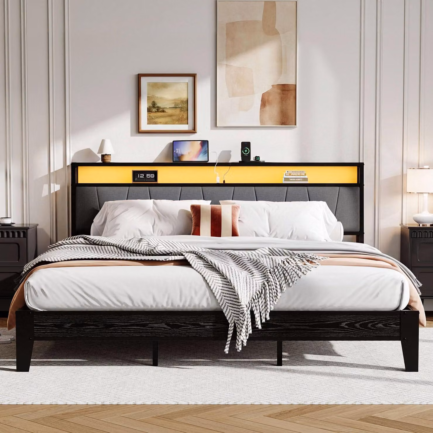 Letto IRONCK 180x200 con illuminazione LED, base di ricarica e testiera imbottita