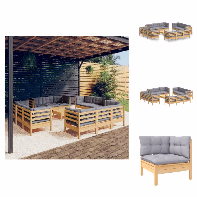 vidaXL Set di 13 pezzi per salotto da giardino con cuscini grigi in legno di pino - Set di mobili da giardino