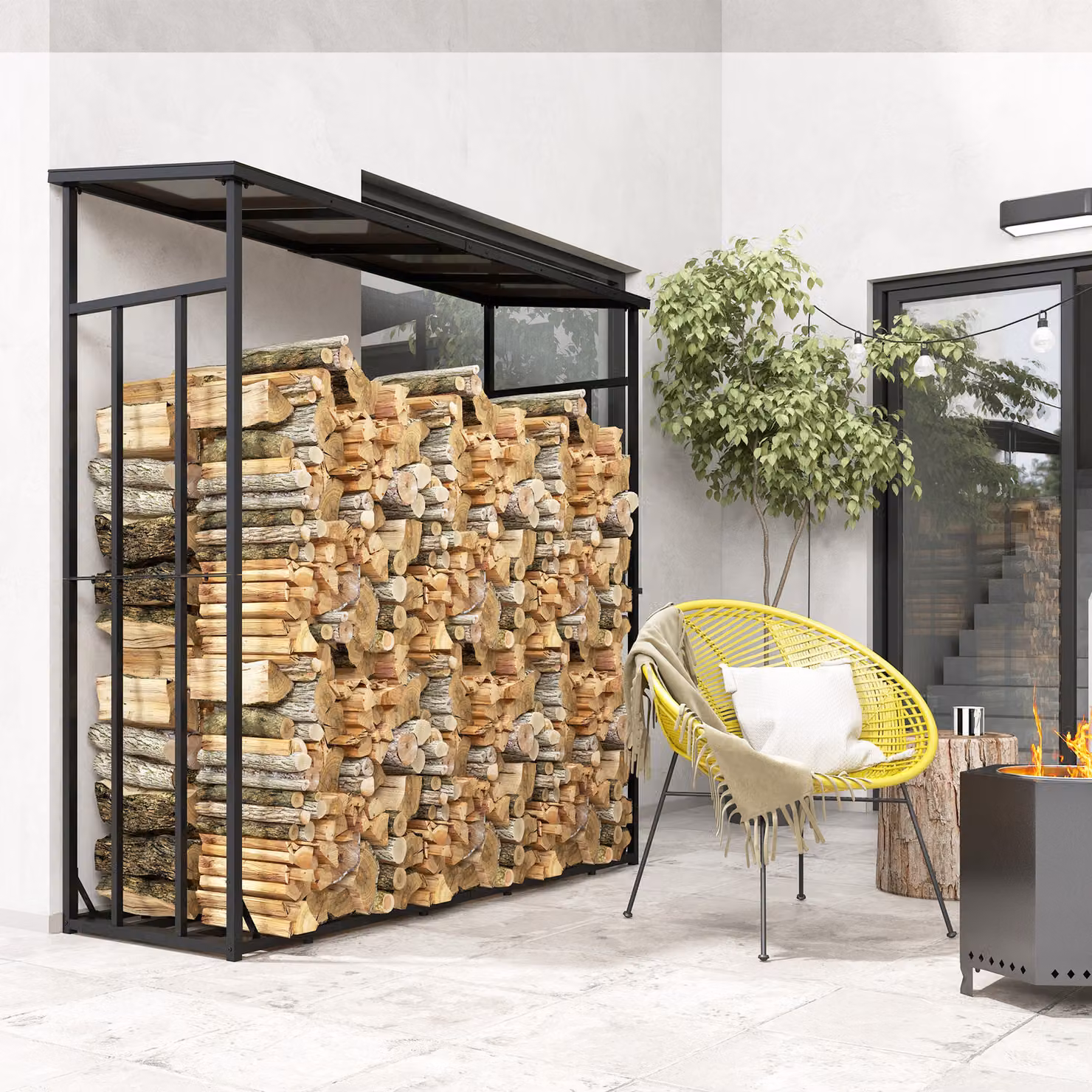 Scaffale per legna Outsunny in metallo e plastica nero impermeabile e stabile per giardino – 2