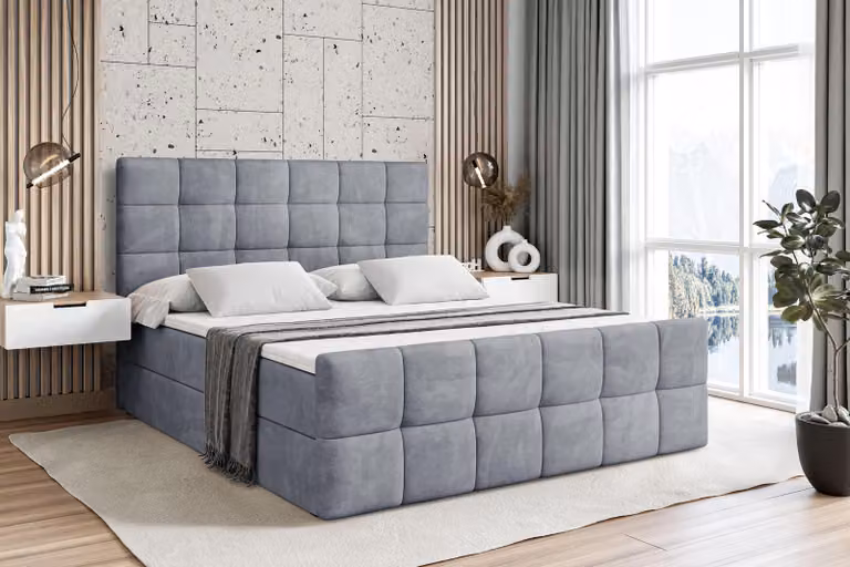 Letto boxspring ALTDECOR con materasso e rete a doghe - - BRUGO -Z - 200x200 cm - Velluto grigio - Letto boxspring, pediera, topper, letto imbottito con contenitore, letto con vano portaoggetti H4 - Materasso, letto matrimoniale, letto boxspring