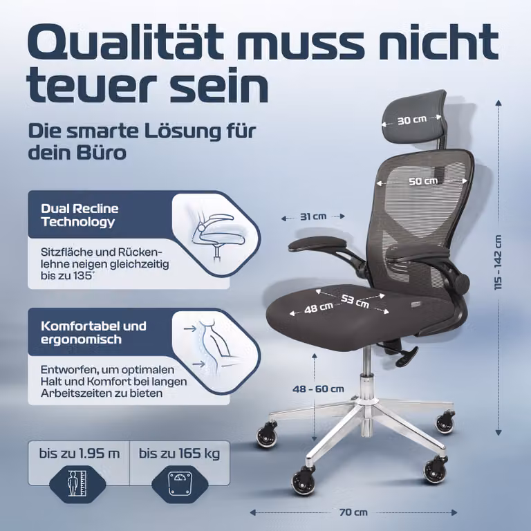 CLOUVOU SmartSeat grigio sedia da ufficio, sedia ergonomica da scrivania, sedia direzionale, sedia da gioco, sedia girevole 150 kg - regolabile individualmente