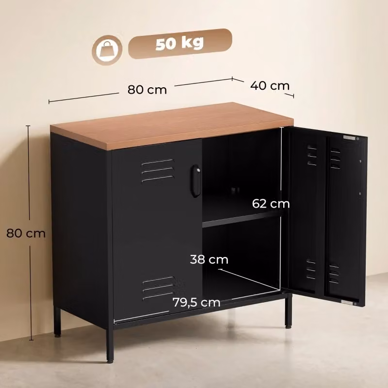 Credenza in metallo Mivray con 2 ante e finitura nera opaca per soggiorno e cucina L: 80 cm, P: 40 cm, H: 80 cm – 2