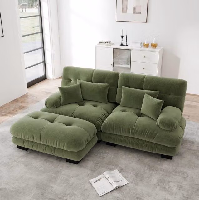Divano modulare in ciniglia con ottomane mobili; 220 x 145 x 81 cm; verde